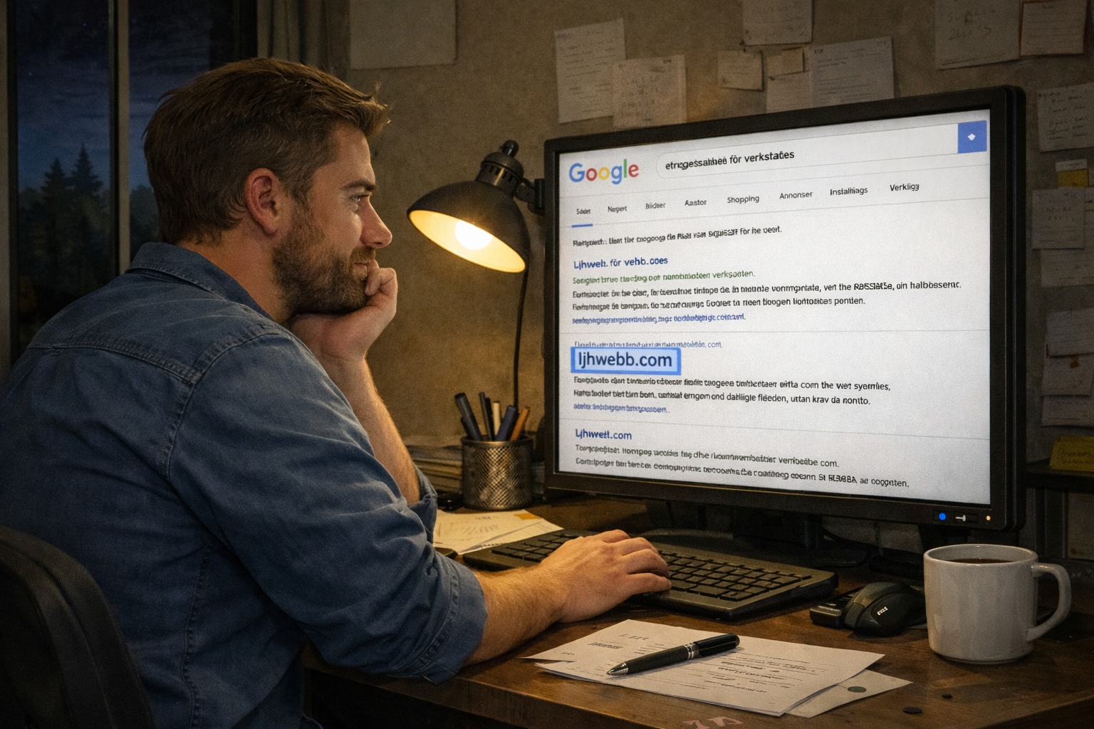 Business owner researching solutions in the evening